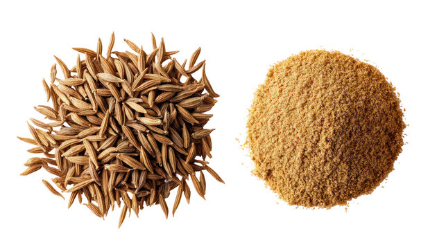 Whole cumin seeds and ground cumin spice isolated on transparent background