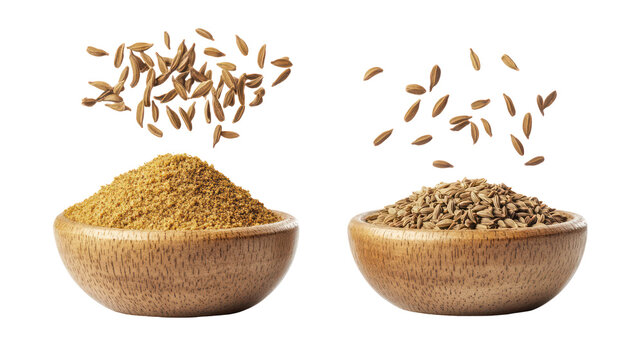 Two bowls of spices with seeds falling isolated on transparent background
