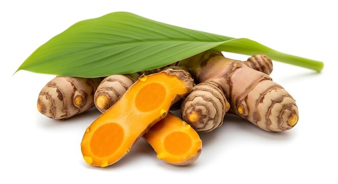 Fresh turmeric root with green leaf isolated