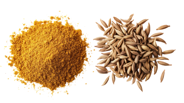 Cumin seeds and ground cumin isolated on transparent background