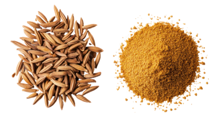 Whole cumin seeds and ground cumin spice isolated on transparent background