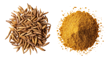 Two piles of wheat grain and wheat flour isolated on transparent background
