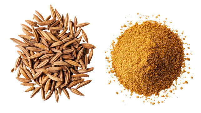 Whole cumin seeds and ground cumin spice isolated on transparent background - Powered by Adobe