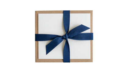 Elegant gift box tied with navy blue ribbon . Isolated on transparent background, png