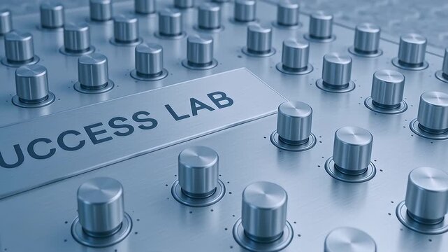 Success lab control panel with metallic knobs and industrial dial layout and metal round brushed steel panel with multiple knobs and blue lighting showcasing precision technology and experimentation