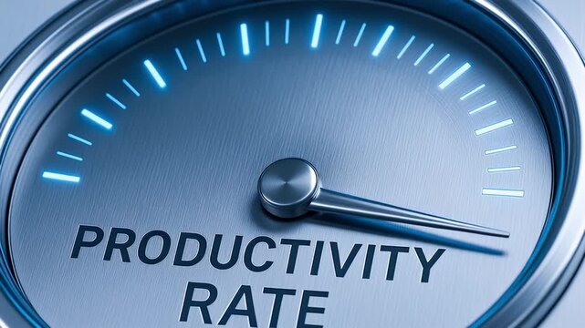 Productivity rate gauge metallic dial with blue indicator glowing and illuminated conveying high performance efficiency speed and performance boost for business and industrial growth