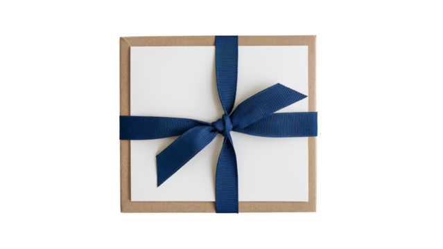 Elegant gift box tied with navy blue ribbon . Isolated on transparent background, png