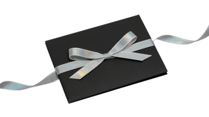 elegant gift box tied with shimmering silver ribbon . Isolated on transparent background, png