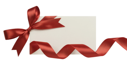 red ribbon tied as a gift on a blank card . Isolated on transparent background, png