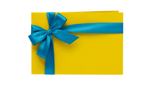 A beautifully wrapped yellow envelope with blue ribbon . Isolated on transparent background, png