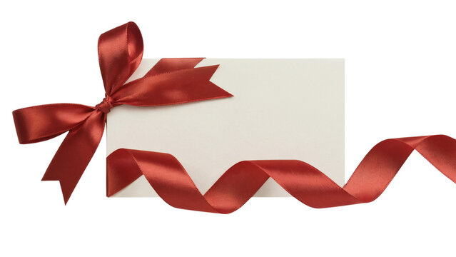red ribbon tied as a gift on a blank card . Isolated on transparent background, png