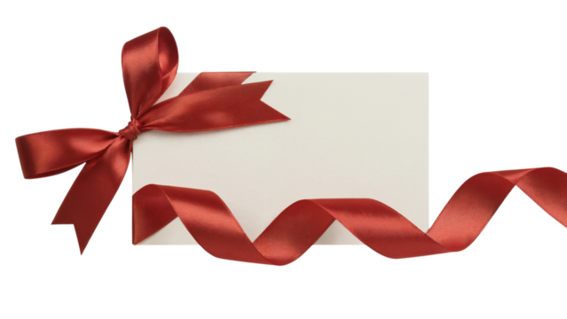 red ribbon tied as a gift on a blank card . Isolated on transparent background, png