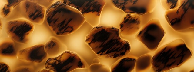 Smooth close up of tortoiseshell pattern, glossy caramel and amber tones with dark brown patches, uniform lighting, no reflections or distortions
