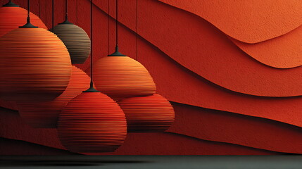Abstract red and gold lanterns with layered spiral lines, gradient background from red to orange.