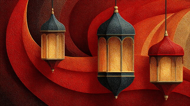 Abstract red and gold lanterns with layered spiral lines, gradient background from red to orange. - Powered by Adobe