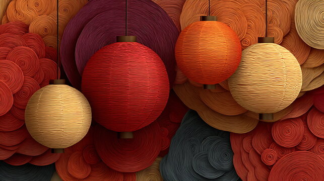 Abstract red and gold lanterns with layered spiral lines, gradient background from red to orange.
