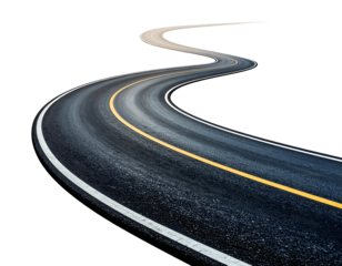 Asphalt winding road with yellow and white lane markers