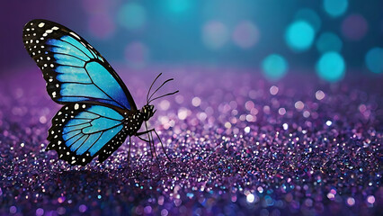 Blue Butterfly on Glittery Purple Surface – Magical Nature-Inspired Art with Dreamy Bokeh Background Effects, 4K image 