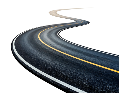 Asphalt winding road with yellow and white lane markers