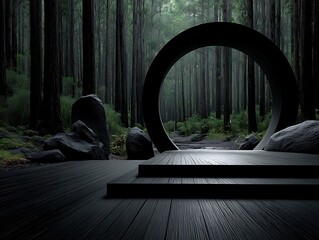 Wooden Circle Frame Enclosing Lush Greenery and Dark Wooden Floor