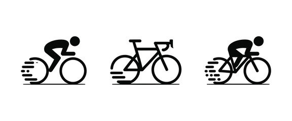 Obraz premium Racing Cyclist Vector Icon Set. Dynamic Motion Bike and Rider Symbols for Sports App and Fitness Branding.