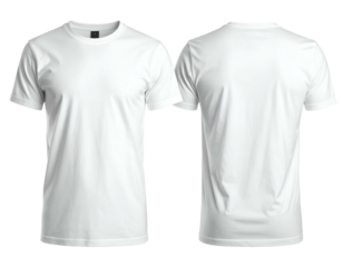 Clean white t-shirts, front and back view, on a transparent background