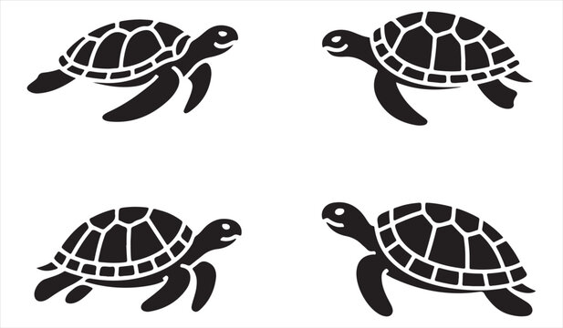 Silhouette set of turtles with detailed shells in various swimming poses
