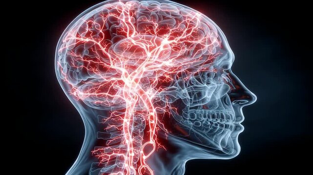 Anatomical 3D illustration of human head showcasing brain and vascular system with intricate network of arteries, emphasizing complexity medical