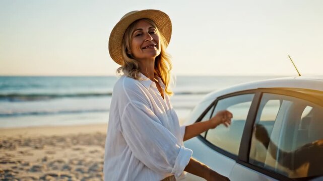 Happy mature woman in a straw hat getting out of her car parked on a sandy beach, enjoying the beautiful sunset over the sea and smiling, ready to start her summer vacation road trip