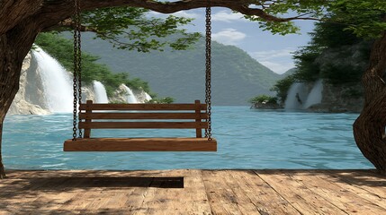 Wooden Swing Hanging Over Turquoise Water Near Lush Waterfall