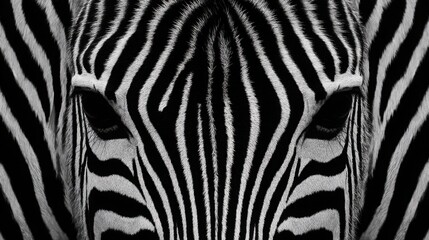 Naklejka premium Symmetrical zebra skin pattern, crisp black and white stripes, flat and evenly lit, artistic contrast background