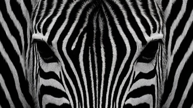 Symmetrical zebra skin pattern, crisp black and white stripes, flat and evenly lit, artistic contrast background
