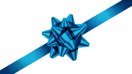 A close-up shot of an elegant blue ribbon and bow . Isolated on transparent background, png