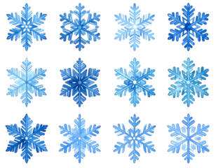 Collection of twelve intricate blue snowflakes on black background
