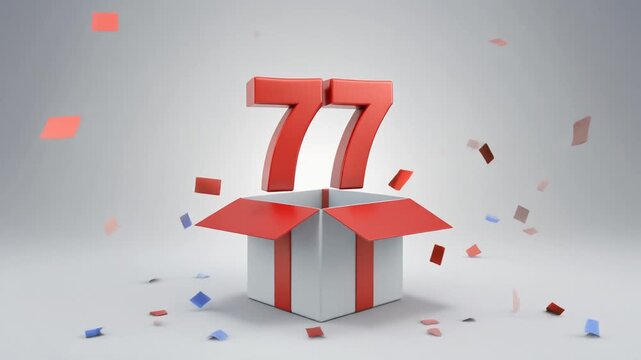 Nicely wrapped gift box popping open, the number 77 appears. Video for birthday or anniversary party