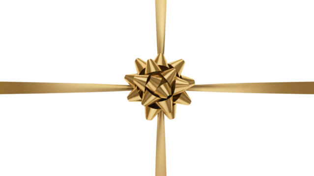 golden bow and ribbon gift present decor. Isolated on transparent background, png