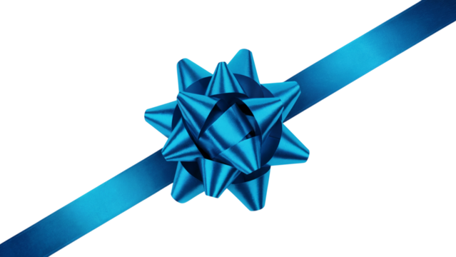 A close-up shot of an elegant blue ribbon and bow . Isolated on transparent background, png