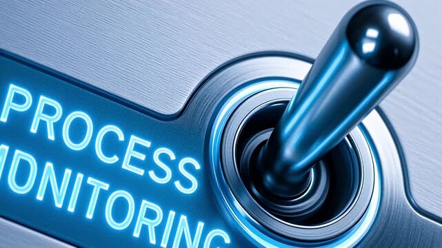Process monitoring toggle switch illuminated metallic control panel conveying real time system oversight and operational status with chrome lever and blue lighting for industrial control panel