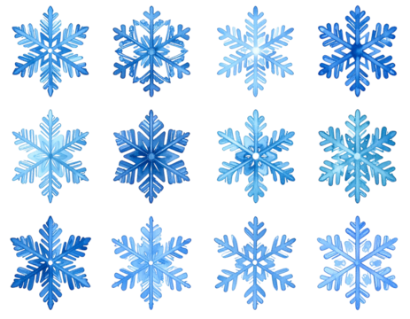 Collection of twelve intricate blue snowflakes on black background