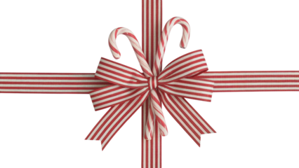 festive present with candy canes and bow . Isolated on transparent background, png
