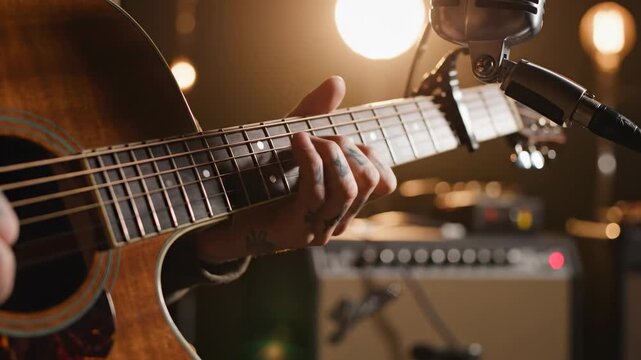 Close up of a tattooed musician's hands playing chords on an acoustic guitar, strumming the strings during a recording session in a warmly lit music studio with a vintage microphone