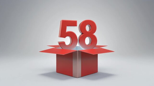 Nicely wrapped gift box popping open, the number 58 appears. Video for birthday or anniversary party