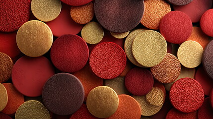 Abstract vector pattern of Chinese gold coins with subtle 3D lighting, metallic red and gold gradient. -