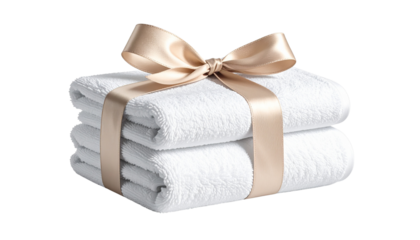 Stack of neatly folded white towels tied with a beige ribbon — hygiene, spa, and wellness theme isolated on transparent background.
