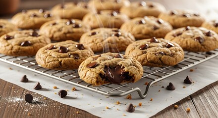 Deliciously gooey chocolate chip cookies freshly baked on a cooling rack