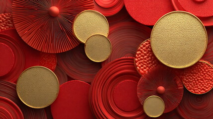 Abstract vector pattern of Chinese gold coins with subtle 3D lighting, metallic red and gold gradient. -