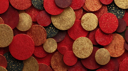 Abstract vector pattern of Chinese gold coins with subtle 3D lighting, metallic red and gold gradient. -