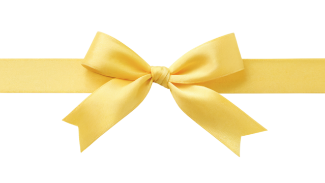 Elegant yellow ribbon tied in a perfect bow for festive gift . Isolated on transparent background, png