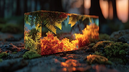 Autumn forest landscape seen through a giant glass prism, natural color refraction effect.