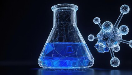 Abstract science flask, glowing blue liquid, molecular structure